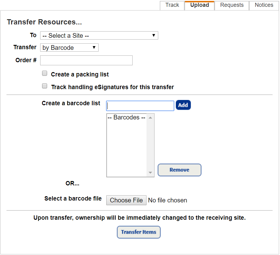 Transfer Resources page for a transfer by barcode.